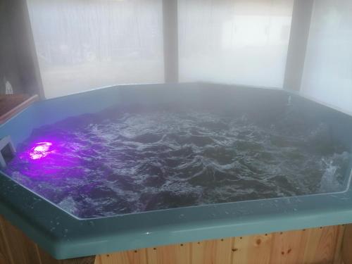 a bath tub filled with water with a purple light at Pensiunea Armonia Albac in Albac