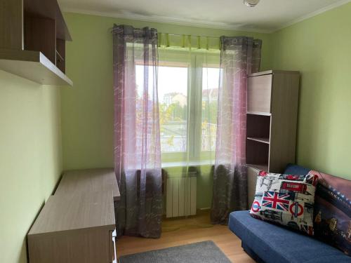 een woonkamer met een blauwe bank en een raam bij LUX APARTAMENT in Giżycko
