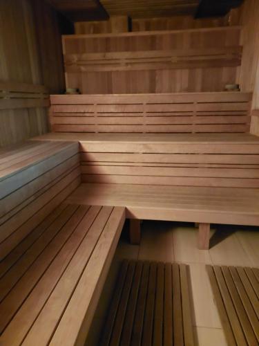 an empty sauna with wooden floors and benches at Карпатська Ружа in Plav'ya