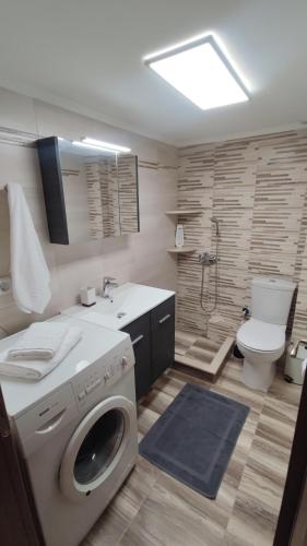 a bathroom with a washing machine and a toilet at Lesvos Tavari bay in Tavari