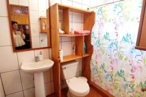 比奇烈穆的住宿－Casa de Campo a pasos del Estéreo，一间带卫生间、水槽和镜子的浴室