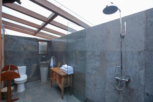 a bathroom with a shower and a toilet and a sink at Gayatri in Ubud