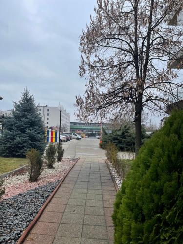 a sidewalk with a tree in a parking lot at Welcome to Bucharest Airport Residences & Therme-SELF CHECK-IN in Otopeni