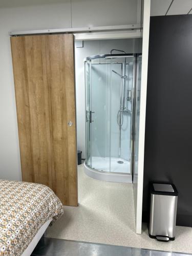 a bedroom with a shower and a sliding glass door at Les Chambres de Campagne 