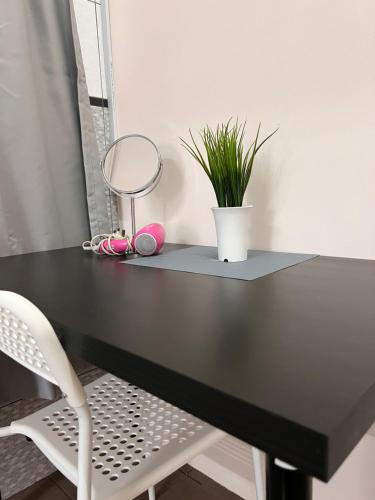 a black desk with a potted plant and a chair at Room2#IG theme Bargainous#Shared Bathroom#4pax#2min Kek Lok Si in Ayer Itam