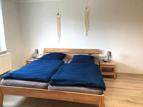 a bedroom with a bed with blue pillows on it at Gemütliche Ferienwohnungen in Friedland Ortsteil Cosa in Friedland