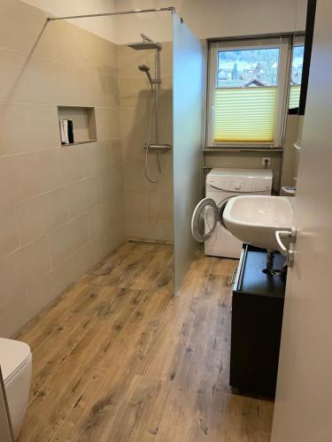 a bathroom with a sink and a toilet at Wehr Orchidee Apartment in Wehr