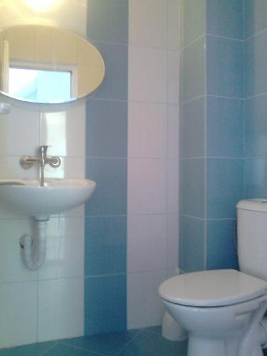 a bathroom with a toilet and a sink at Вила Синя Иглика in Kosharitsa