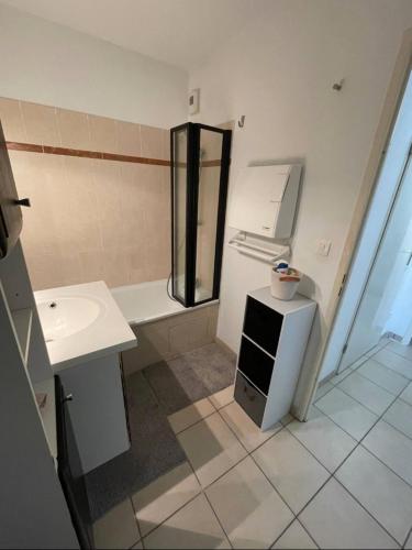 une petite salle de bain avec un lavabo et une douche dans l'établissement Appartement lumineux, de 2 à 4 personnes avec piscine, à Plaisance-du-Touch
