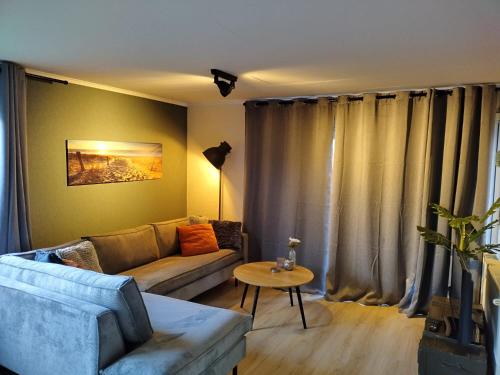 a living room with a couch and a table at Het Dobbertje, charmant houten huisje in Sint Maartensvlotbrug