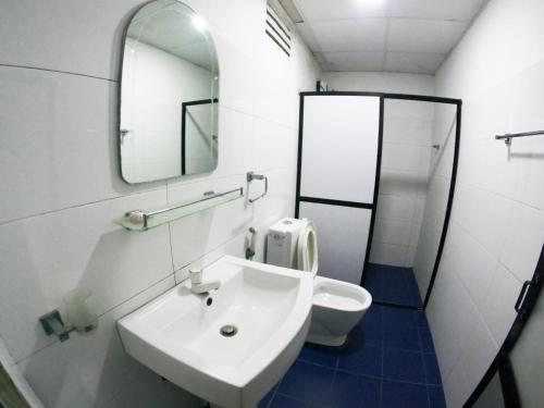 a bathroom with a sink and a mirror and a toilet at Seyara Holiday Resort in Polonnaruwa