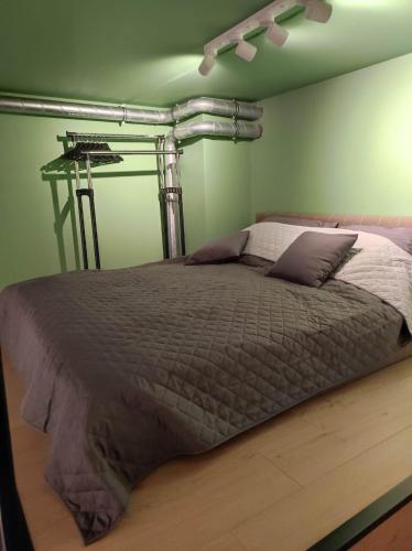 a large bed in a room with green walls at Apartament AirPort in Wrocław