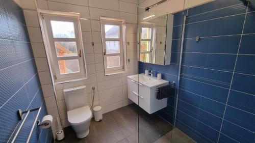 a blue bathroom with a toilet and a sink at Bed & Badacsony in Badacsonytördemic