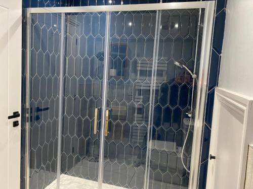 a glass door with a shower in a room at Ridley's Place modern one-bedroom seaside apartment in Eyemouth