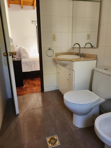1 cama y baño con aseo y lavamanos. en Casa DELUXE MALBEC , Barrio Privado, con cochera doble, jardín y churrasquera en Mendoza
