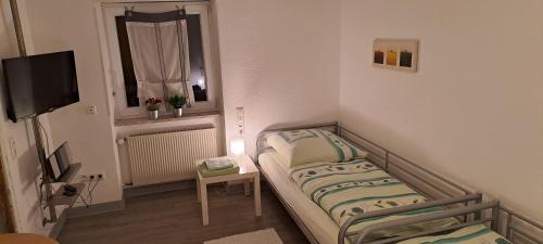 een kleine kamer met een bed en een televisie bij "Bärenhaus" Ferienwohnung in Püttlingen