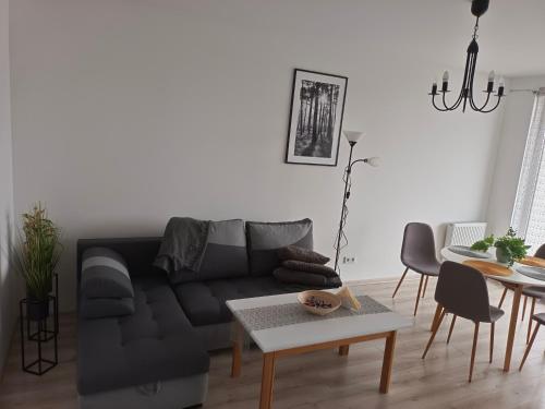 ein Wohnzimmer mit einem schwarzen Sofa und einem Tisch in der Unterkunft Apartament 41 in Rumia