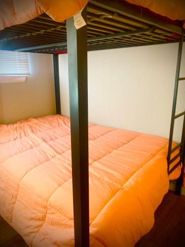 a bedroom with two bunk beds with an orange mattress at ShutEye Hostel in Houston