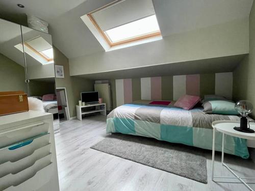 a bedroom with a bed and a skylight at CottageChristine in Vaux-sur-Sûre