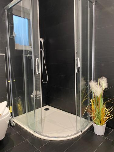 a shower with a glass enclosure in a bathroom at Bryziówka B in Miłków