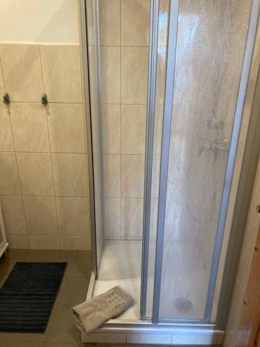 オストゼーバート・ゼリンにあるFerienwohnungen Rügenのバスルーム(ガラスドア付きのシャワー付)
