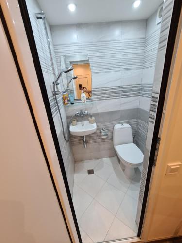 uma casa de banho com um WC e um lavatório em Apartment's Ortakchiev 1 em Sófia