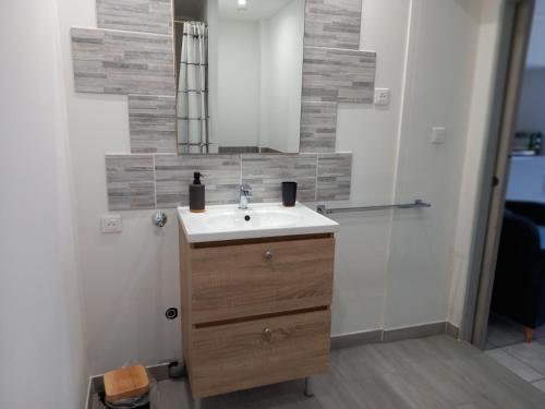 a bathroom with a sink and a mirror at Chambres d'hôtes Domaine de Pélissols in Bédarieux