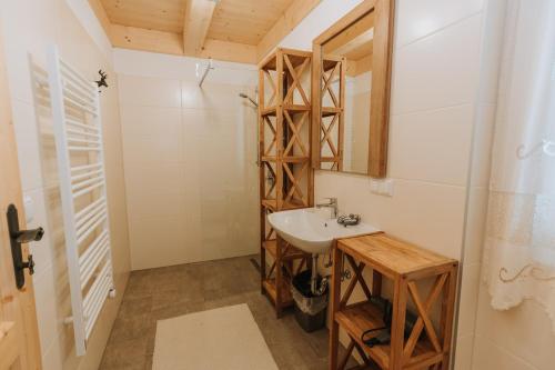 ein Badezimmer mit Waschbecken und Spiegel in der Unterkunft Chalet Aconitum in Murau