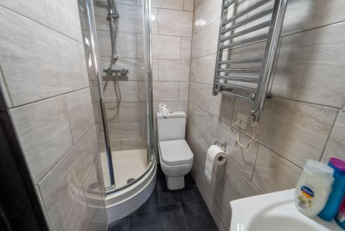 a bathroom with a shower and a toilet and a sink at Large studio 10 minute train journey to the city! in Birmingham