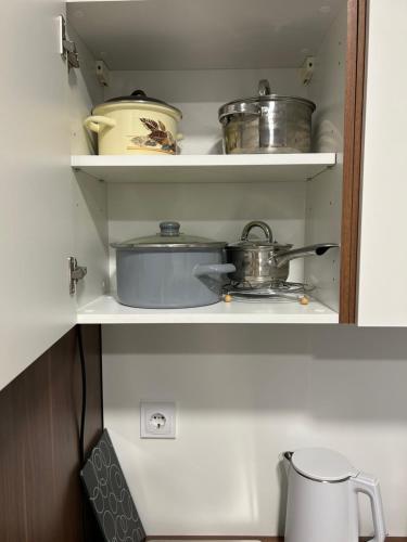 a shelf with pots and pans in a kitchen at Apartmani "Stari Grad - Samobor" in Samobor