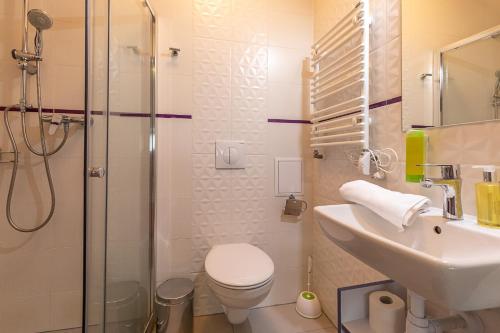 a bathroom with a shower and a toilet and a sink at RentPlanet - Apartamenty Okrzei in Szklarska Poręba