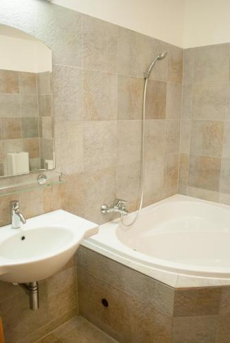 a bathroom with a sink and a tub and a shower at Apartmány Cestář Boží Dar in Boží Dar