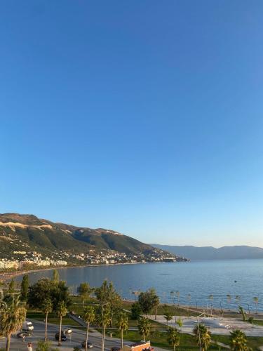 a view of a large body of water with palm trees at Casa con vista mare in Vlorë