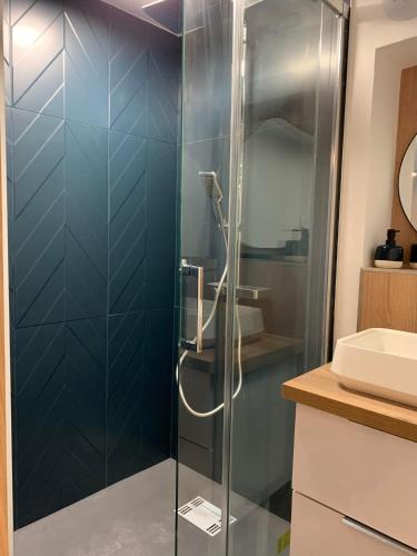 une douche avec une porte vitrée dans une salle de bain dans l'établissement Duplex Vieux Lille, à Lille