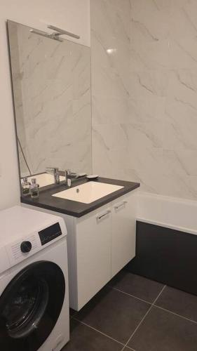 une salle de bain avec une machine à laver et un lavabo dans l'établissement Appartement chic 5 min Disneyland/Vallée Village, à Serris