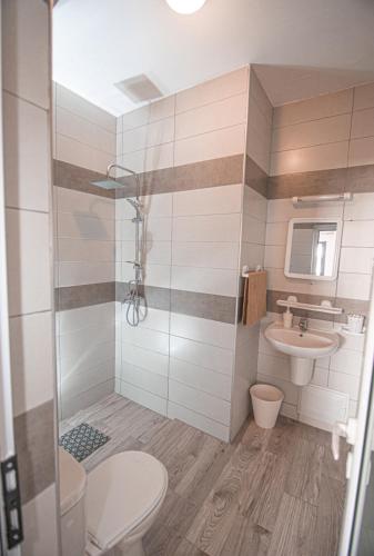 a bathroom with a shower and a toilet and a sink at Aloha Imsouane in Imsouane