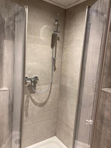 a bathroom with a shower with a glass door at Zur Mühle Lemkenhafen auf Fehmarn in Fehmarn