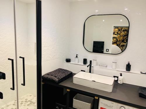 a bathroom with a sink and a mirror at "Au Fil de la Charente" - Coeur de Saintes - WIFI Clim - Classé 4 étoiles - 4 pers in Saintes