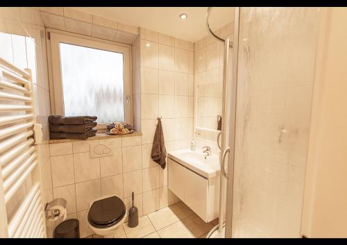 ein Bad mit einem WC, einem Waschbecken und einem Fenster in der Unterkunft Ferienwohnung Daniel in Bad Reichenhall