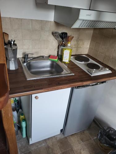Il comprend une cuisine équipée d'un évier et d'une cuisinière. dans l'établissement Studio à Trouville - Charme de l'ancien, à Trouville-sur-Mer
