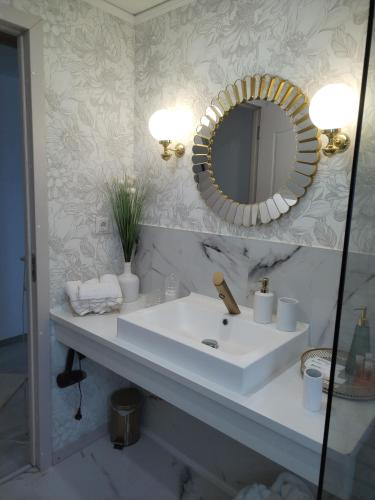 a bathroom with a white sink and a mirror at Villa Monica in Lupeni