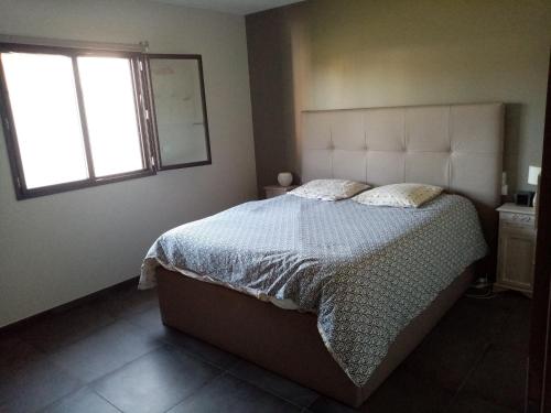 a bedroom with a large bed with a window at Un air de campagne in Montauban