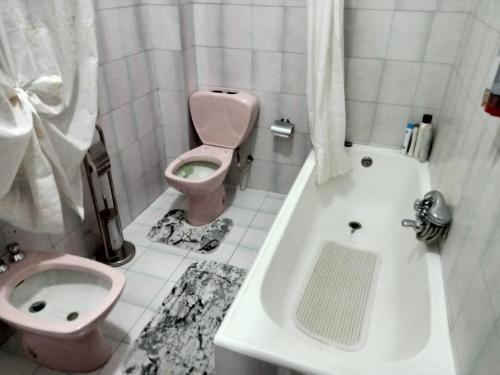 a bathroom with a pink toilet and a bath tub at La Casa del Sole in Giarre