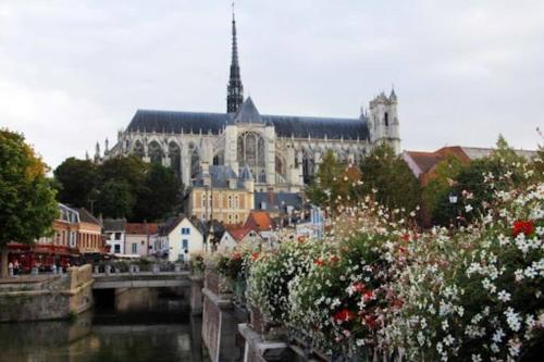 una ciudad con una catedral y un río con flores en La P'tite récré, 3 couchages, sauna, balnéo en Amiens