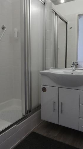 een witte badkamer met een wastafel en een douche bij Gästehaus Falkenhof in Westensee