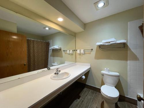 La salle de bains est pourvue de toilettes, d'un lavabo et d'un miroir. dans l'établissement Campus Inn Baraboo, à Baraboo