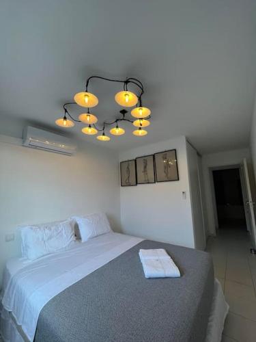 a bedroom with a bed and a chandelier at T2 Saint-Denis -Jardin de l'Etat in Saint-Denis