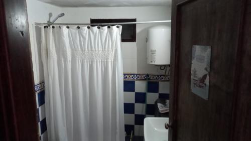 a bathroom with a shower curtain and a toilet at Agua Corazones in San Luis