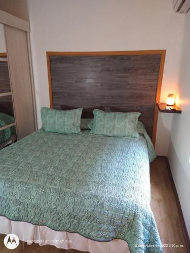 1 dormitorio con 1 cama grande y cabecero de madera en Eris 1 en Godoy Cruz