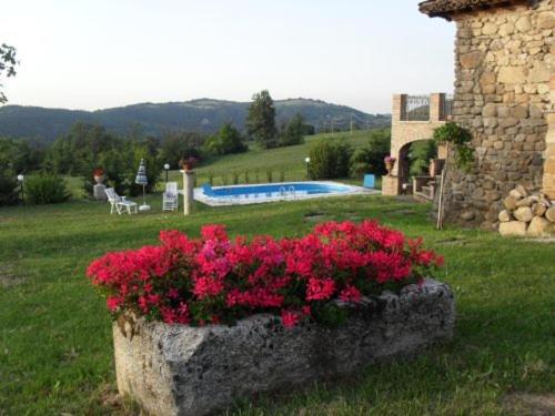 un planteur en pierre avec des fleurs roses dans une cour dans l'établissement Il Castelletto di Gomo, à Godiasco